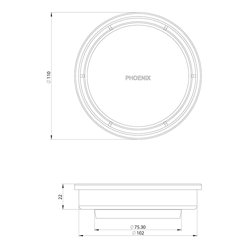 Phoenix Point Drain Round 100mm Outlet 76mm Matte Black, technical line drawing with dimensions