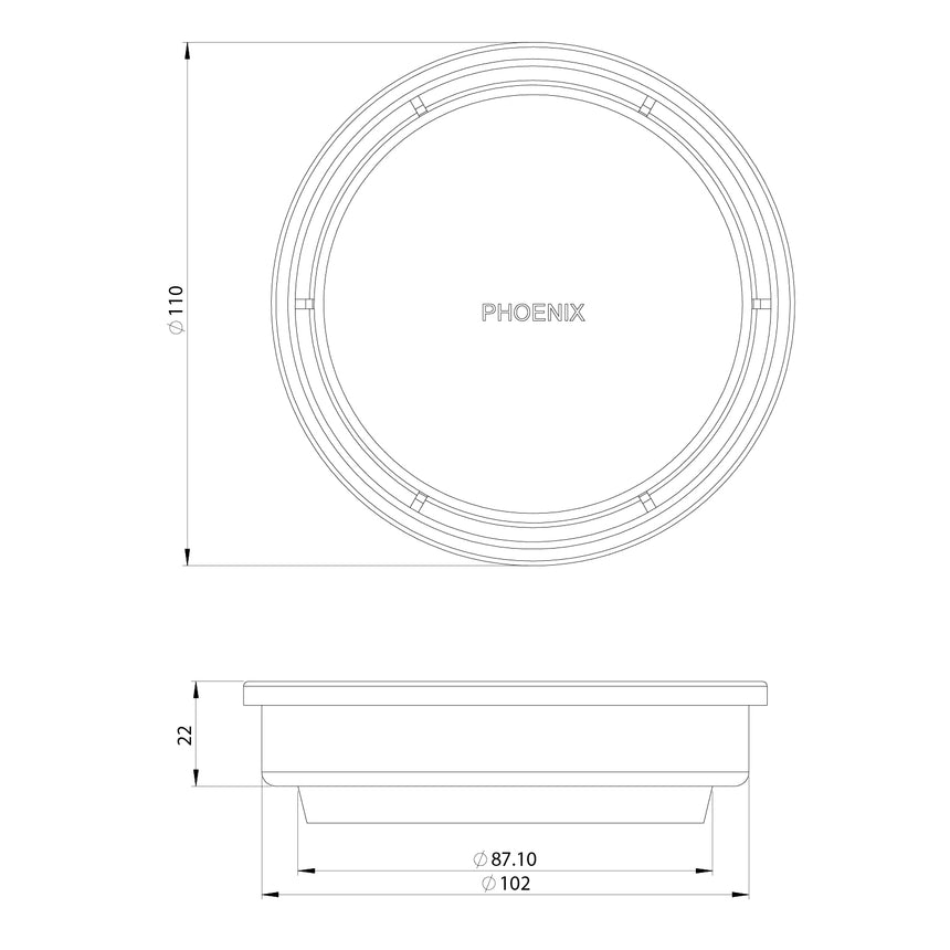 Phoenix Point Drain Round 100mm Outlet 90mm Matte Black, technical line drawing with dimensions