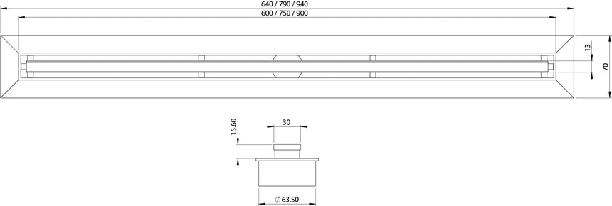 Phoenix Flat Slimline Channel Drain 30x600mm Outlet 65mm Stainless Steel, technical line drawing with dimensions