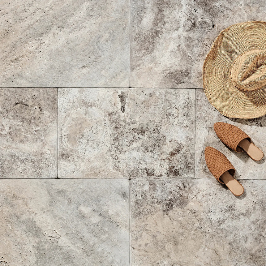 Silver Travertine natural stone surface and installation by Tilemall