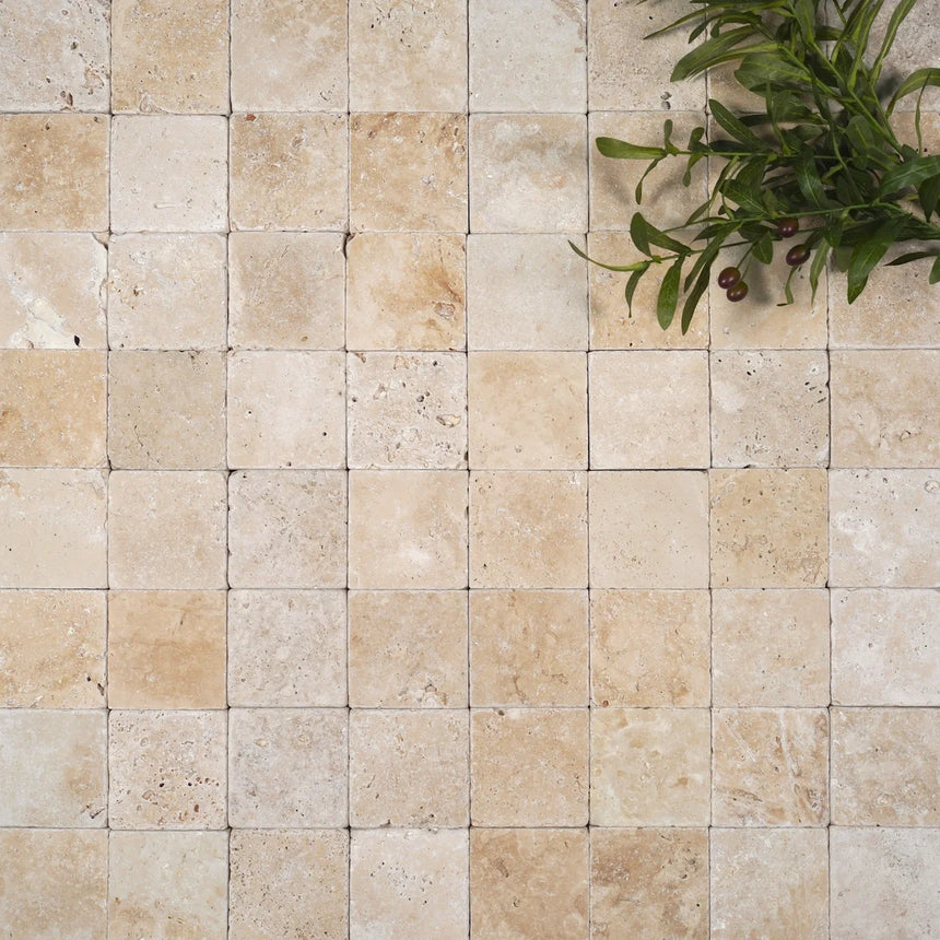 Ivory Premium Travertine natural stone surface and installation by Tilemall