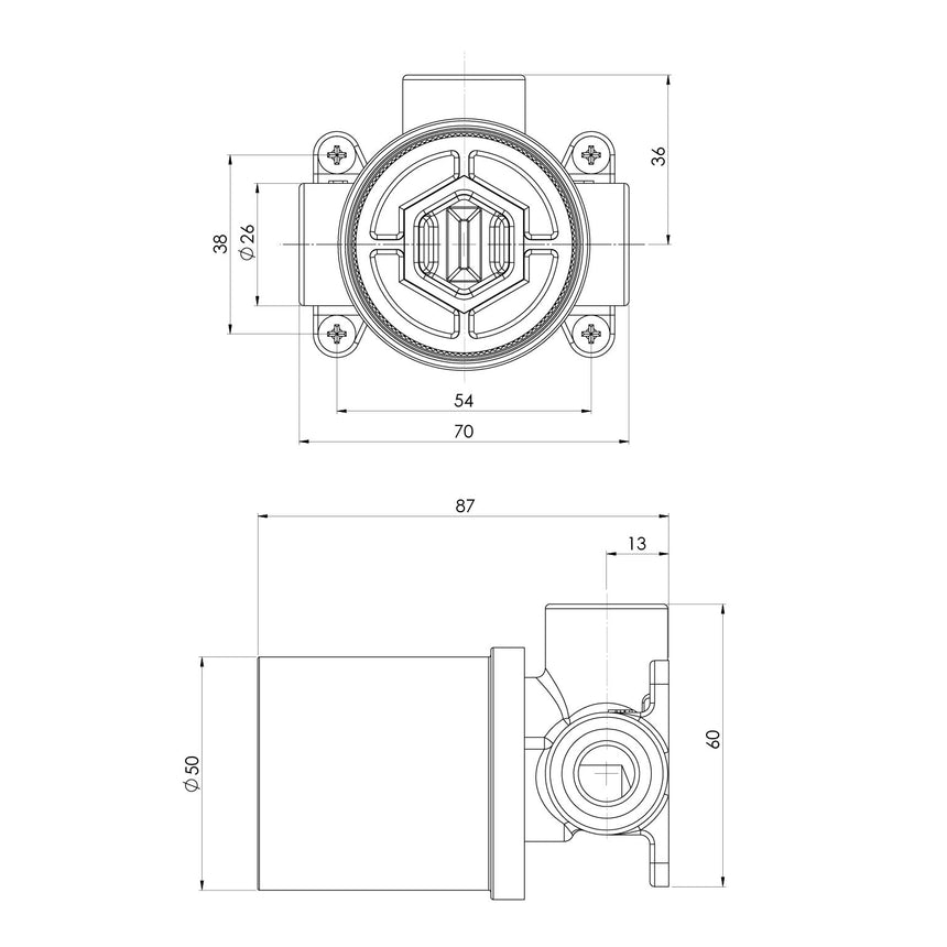 Phoenix SwitchMix Shower / Wall Mixer Lead Free Rough In Kit in Universal, technical line drawing with dimensions