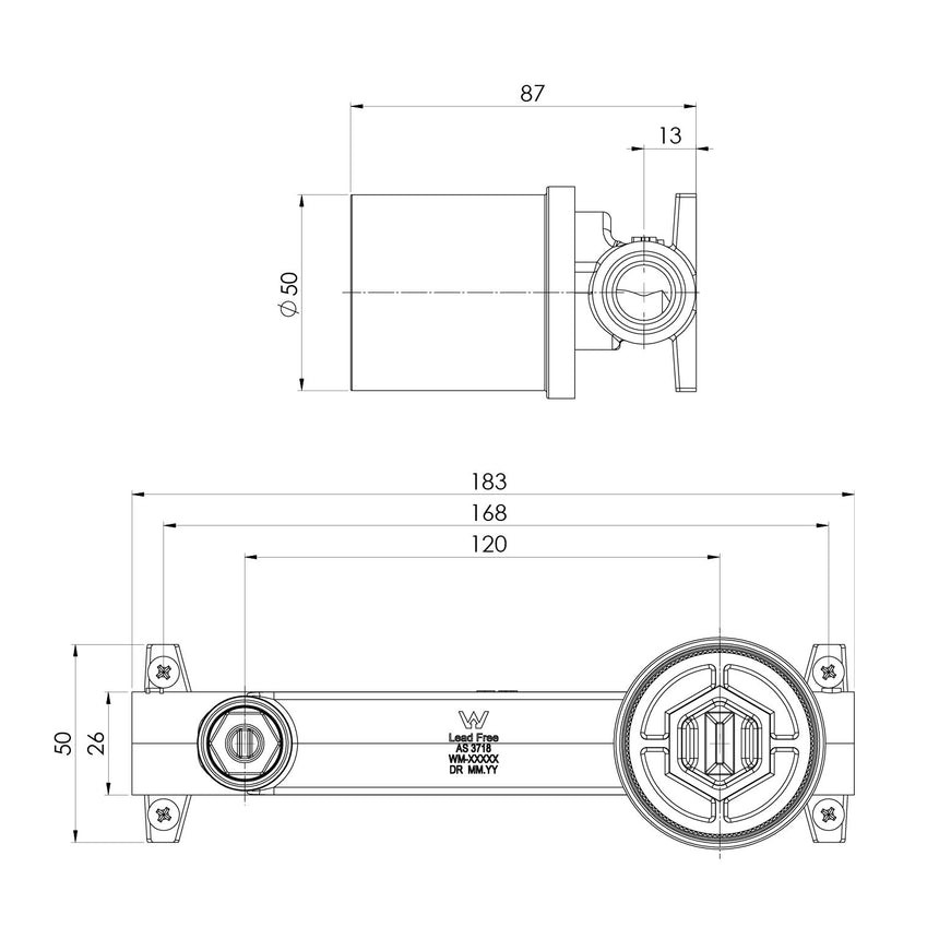 Phoenix SwitchMix Wall Basin / Bath Mixer Set Rough-In Kit in Universal, technical line drawing with dimensions
