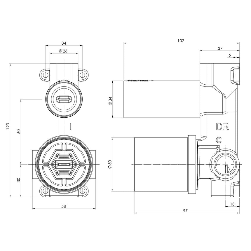 Phoenix SwitchMix Shower / Bath Diverter Mixer Lead Free Rough-In Kit in Universal, technical line drawing with dimensions