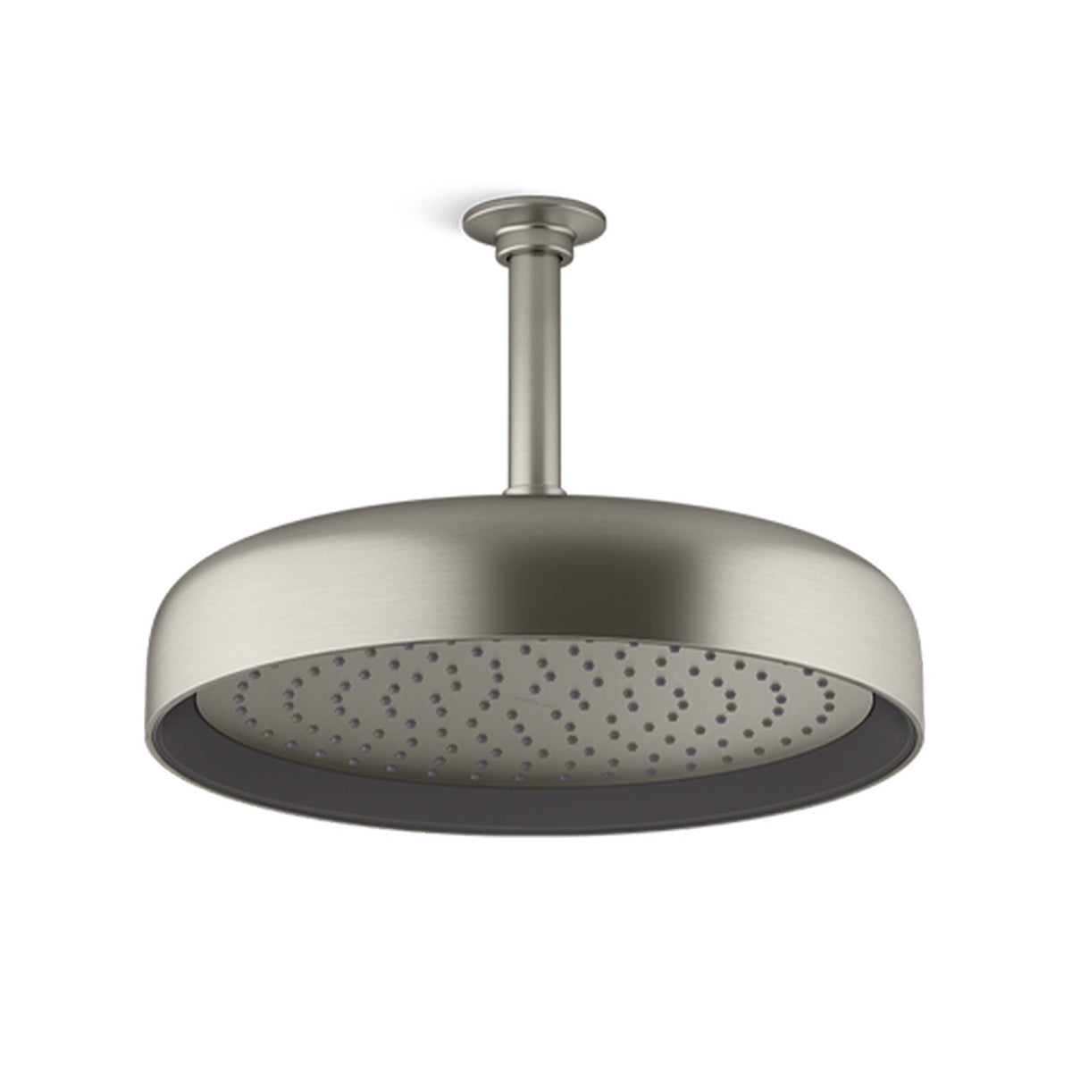 Kohler Statement brushed nickel rain shower head by Tilemall with round face and ceiling mount arm