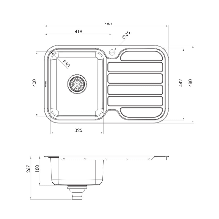 Phoenix 1000 Series Single L/H Bowl Sink W/-Drainer W/-Hole Stainless Steel, technical line drawing with dimensions
