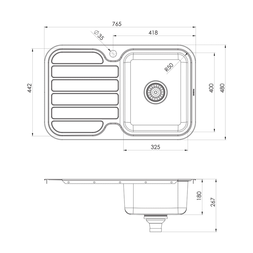 Phoenix 1000 Series Single R/H Bowl Sink W/-Drainer W/-Hole Stainless Steel, technical line drawing with dimensions