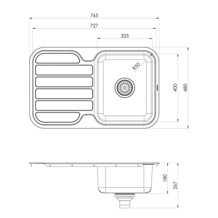 Phoenix 1000 Series Single Bowl Sink W/-Drainer No Hole Stainless Steel, technical line drawing with dimensions