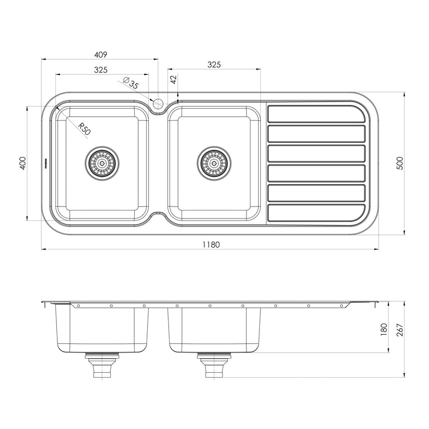Phoenix 1000 Series Double L/H Bowl Sink W/-Drainer W/-Hole Stainless Steel, technical line drawing with dimensions