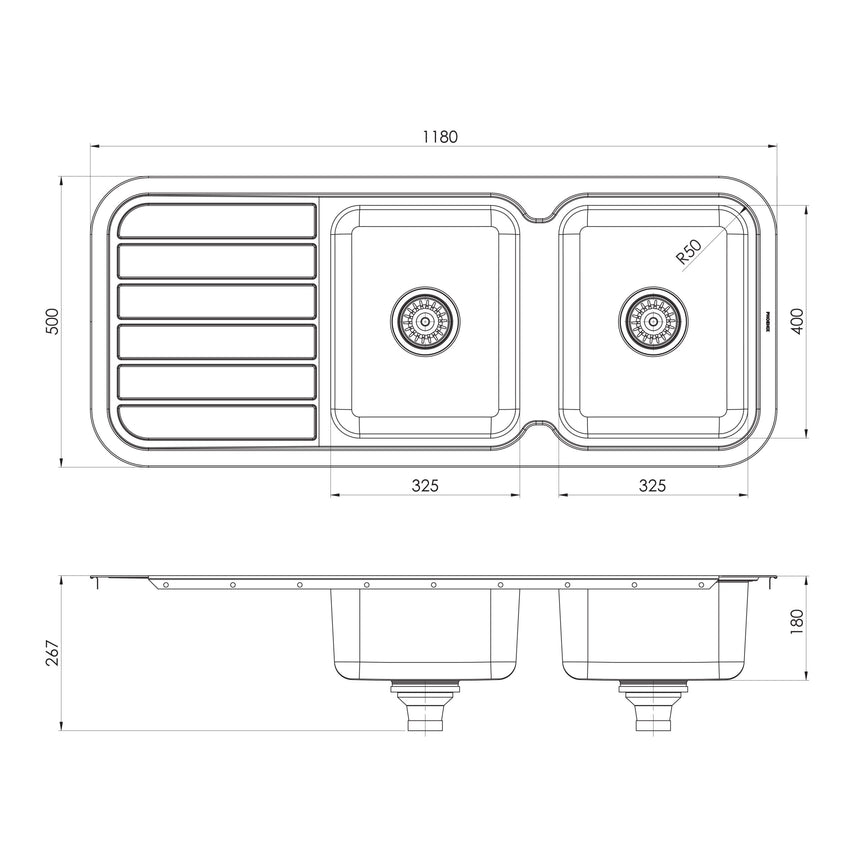 Phoenix 1000 Series Double Bowl Sink W/-Drainer No Hole Stainless Steel, technical line drawing with dimensions