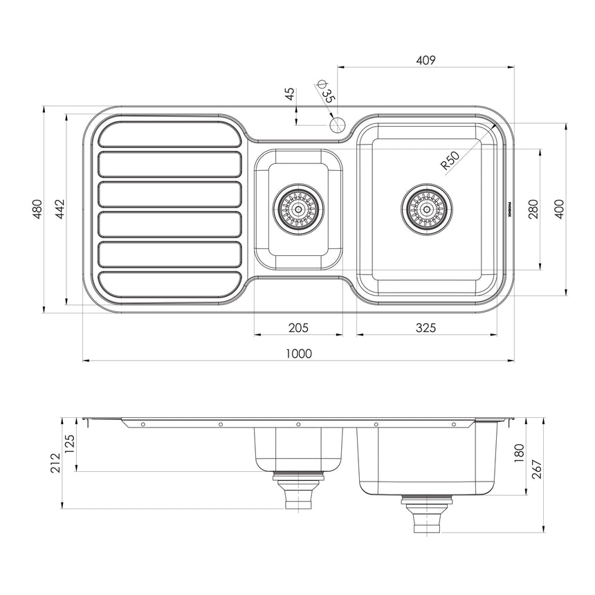 Phoenix 1000 Series 1-1/3 R/H Bowl Sink W/-Drainer W/-Hole Stainless Steel, technical line drawing with dimensions