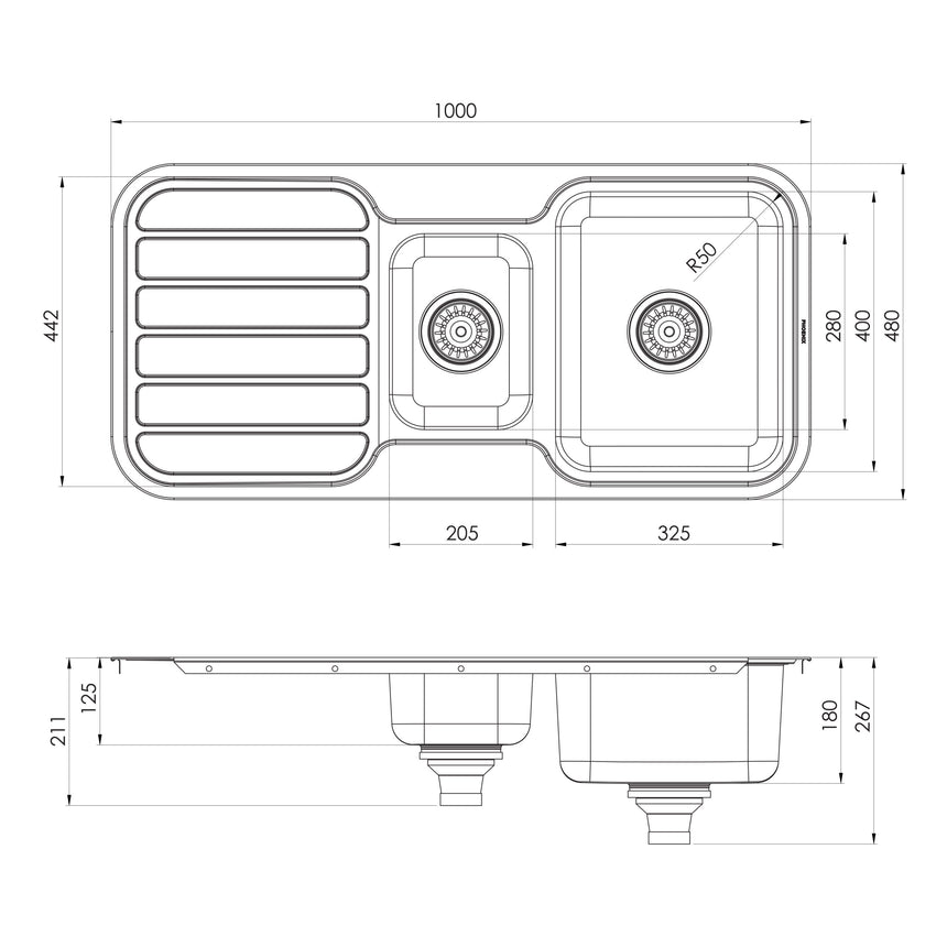 Phoenix 1000 Series 1-1/3 Bowl Sink W/-Drainer No Hole Stainless Steel, technical line drawing with dimensions