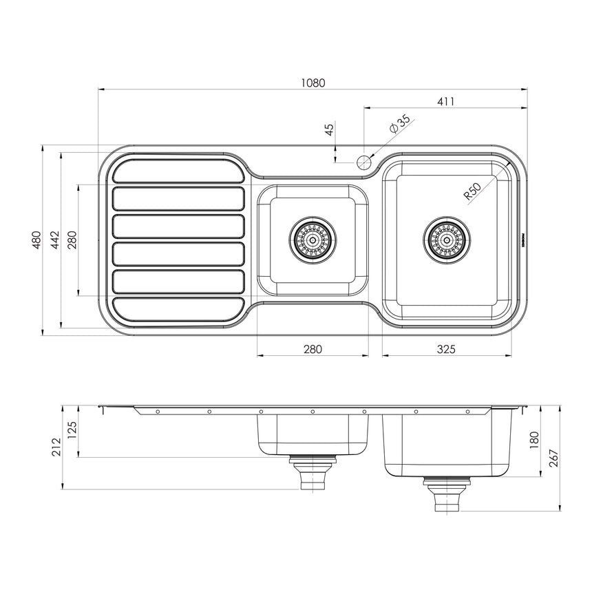 Phoenix 1000 Series 1-3/4 R/H Bowl Sink W/-Drainer W/-Hole Stainless Steel, technical line drawing with dimensions