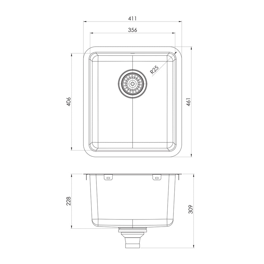 Phoenix 2000 Series Single Bowl Under / Over Sink Stainless Steel, technical line drawing with dimensions