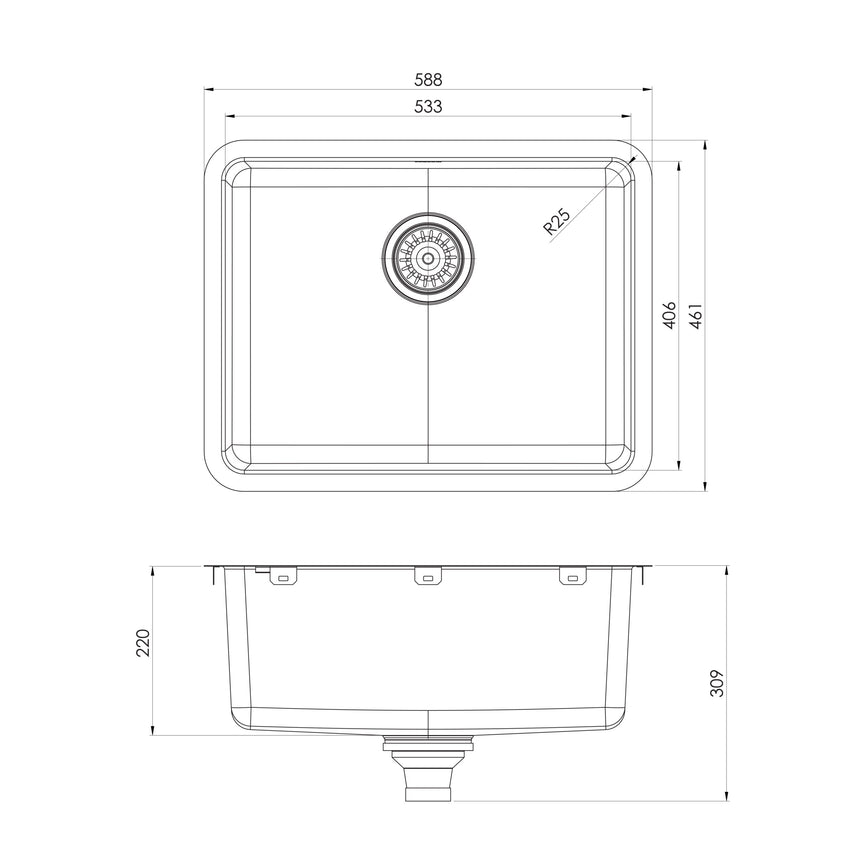 Phoenix 2000 Series Large Single Bowl Under / Over Sink Stainless Steel, technical line drawing with dimensions