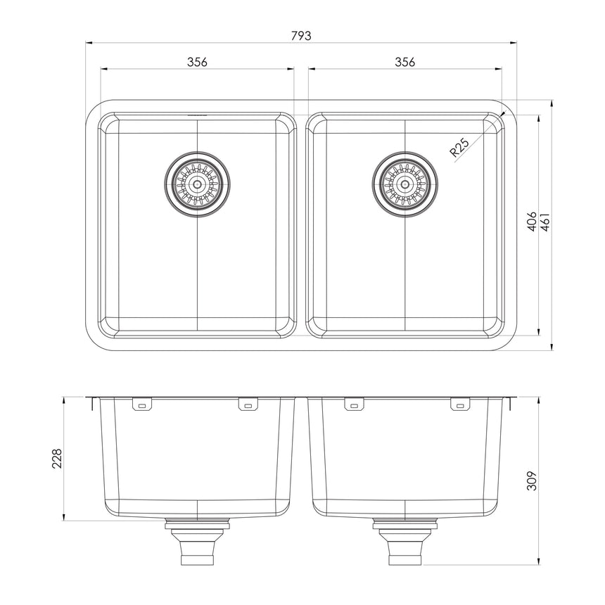 Phoenix 2000 Series Double Bowl Under / Over Sink Stainless Steel, technical line drawing with dimensions