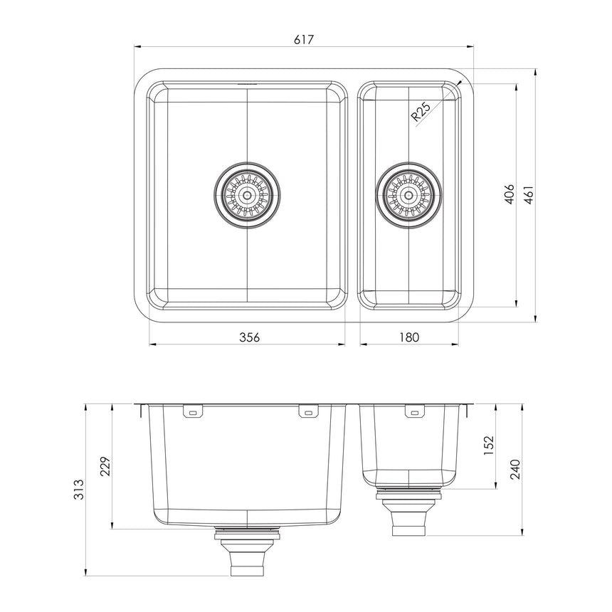 Phoenix 2000 Series 1-1/2 Bowl Under / Over Sink Stainless Steel, technical line drawing with dimensions