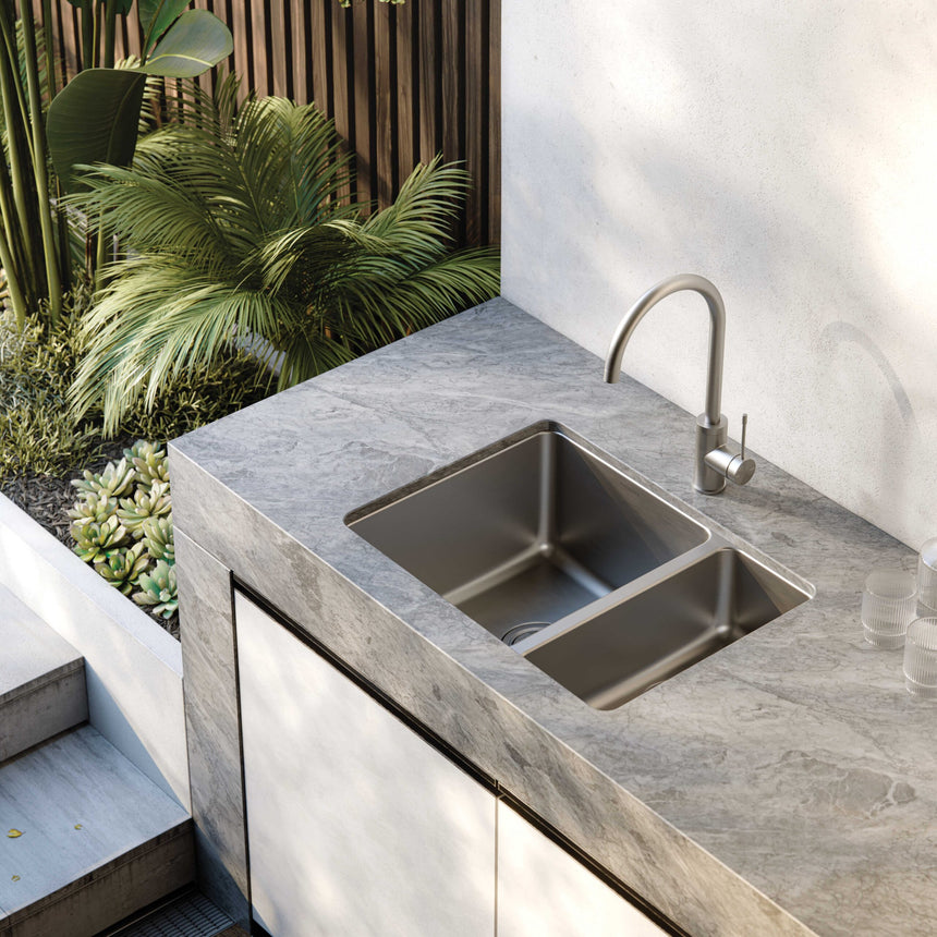 Phoenix 2000 Series 1-1/2 Bowl Under / Over Sink Stainless Steel, shown in a finished interior