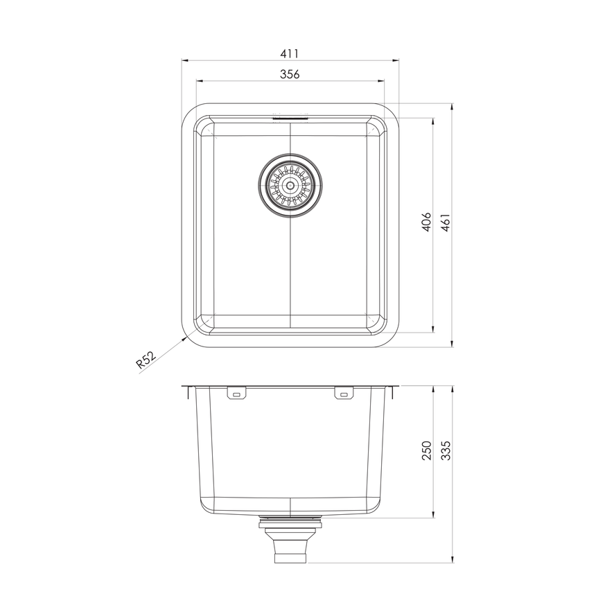 Phoenix 2000 Series Laundry Under/Over Sink W/-Overflow Stainless Steel, technical line drawing with dimensions
