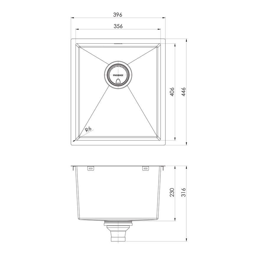 Phoenix 4000 Series Single Bowl Under / Over Sink Brushed Carbon, technical line drawing with dimensions