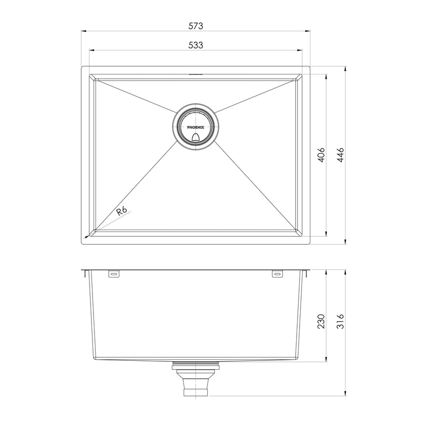 Phoenix 4000 Series Large Single Bowl Under / Over Sink Stainless Steel, technical line drawing with dimensions