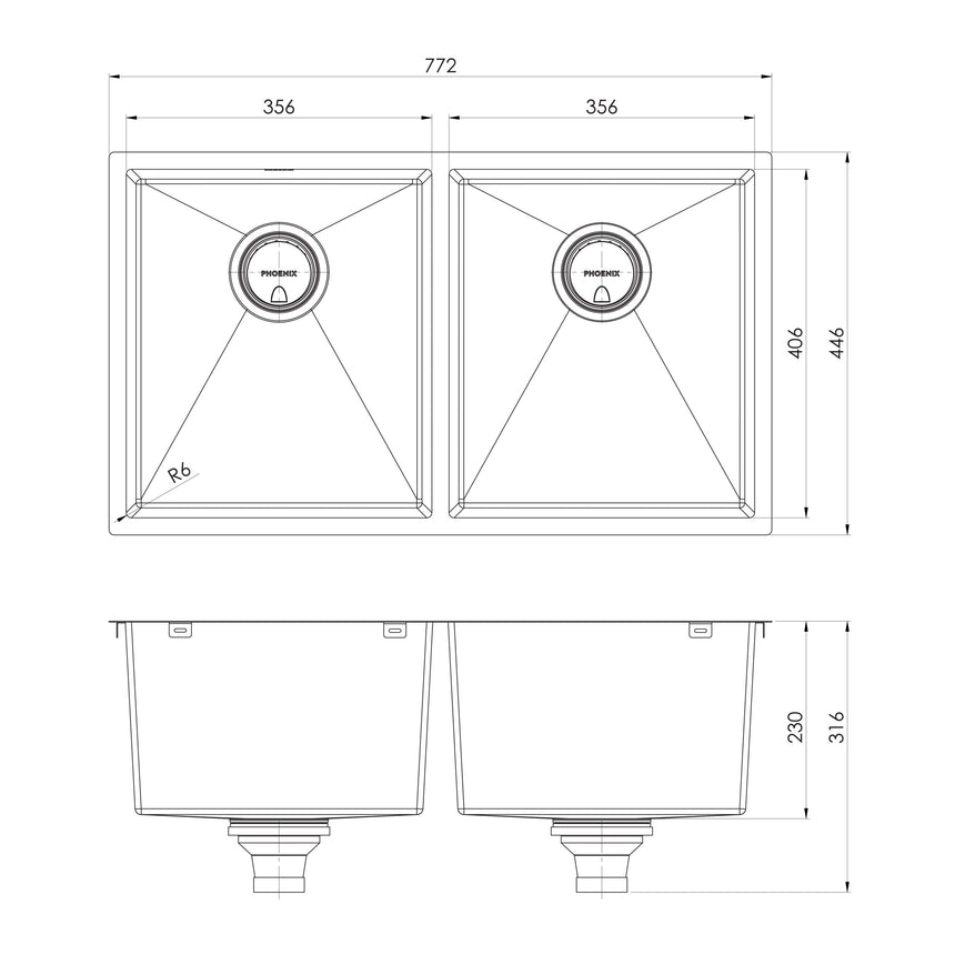 Phoenix 4000 Series Double Bowl Under / Over Sink Stainless Steel, technical line drawing with dimensions