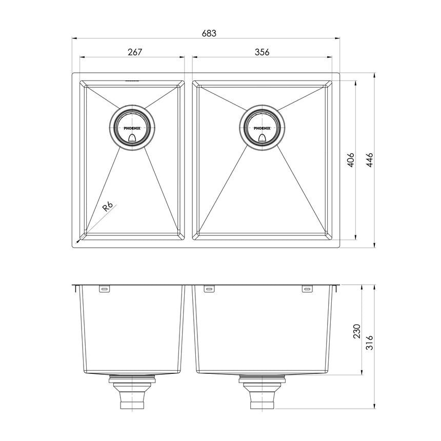 Phoenix 4000 Series 1-3/4 R/H Bowl Under / Over Sink Brushed Carbon, technical line drawing with dimensions