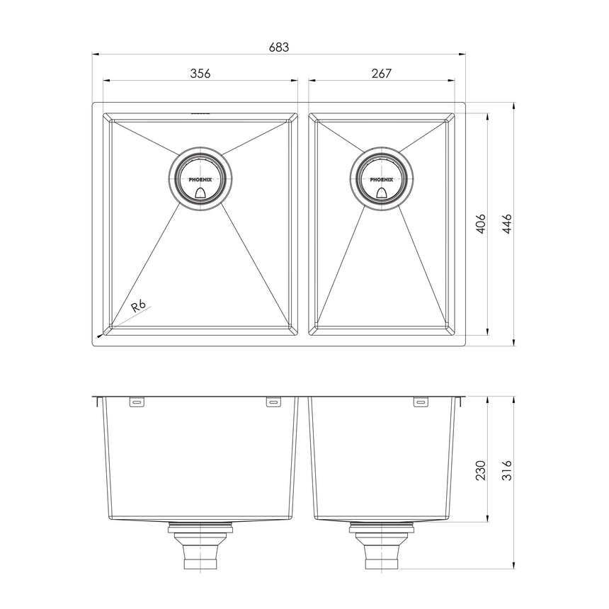 Phoenix 4000 Series 1-3/4 L/H Bowl Under / Over Sink Brushed Carbon, technical line drawing with dimensions