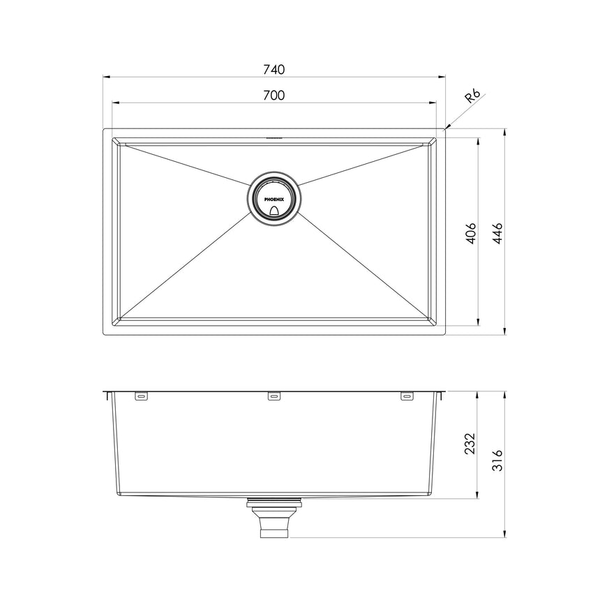 Phoenix 4000 Series Extra Large Single Bowl Under / Over Sink Stainless Steel, technical line drawing with dimensions