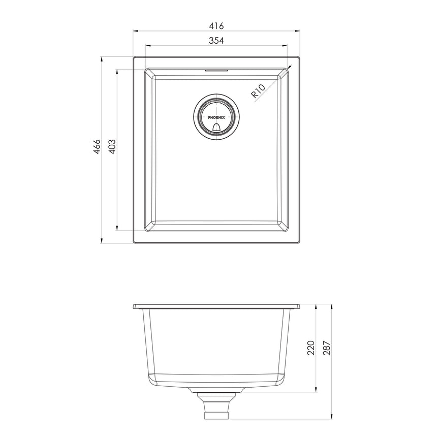 Phoenix 5000 Series Single Bowl Under / Over Sink Matte White, technical line drawing with dimensions