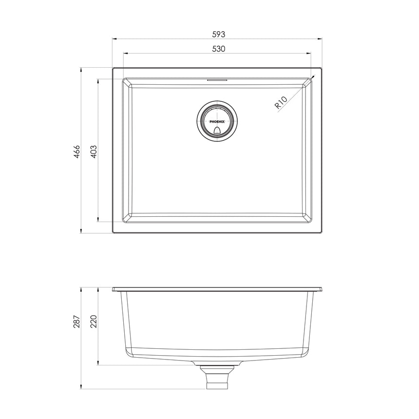 Phoenix 5000 Series Large Single Bowl Under / Over Sink Matte White, technical line drawing with dimensions