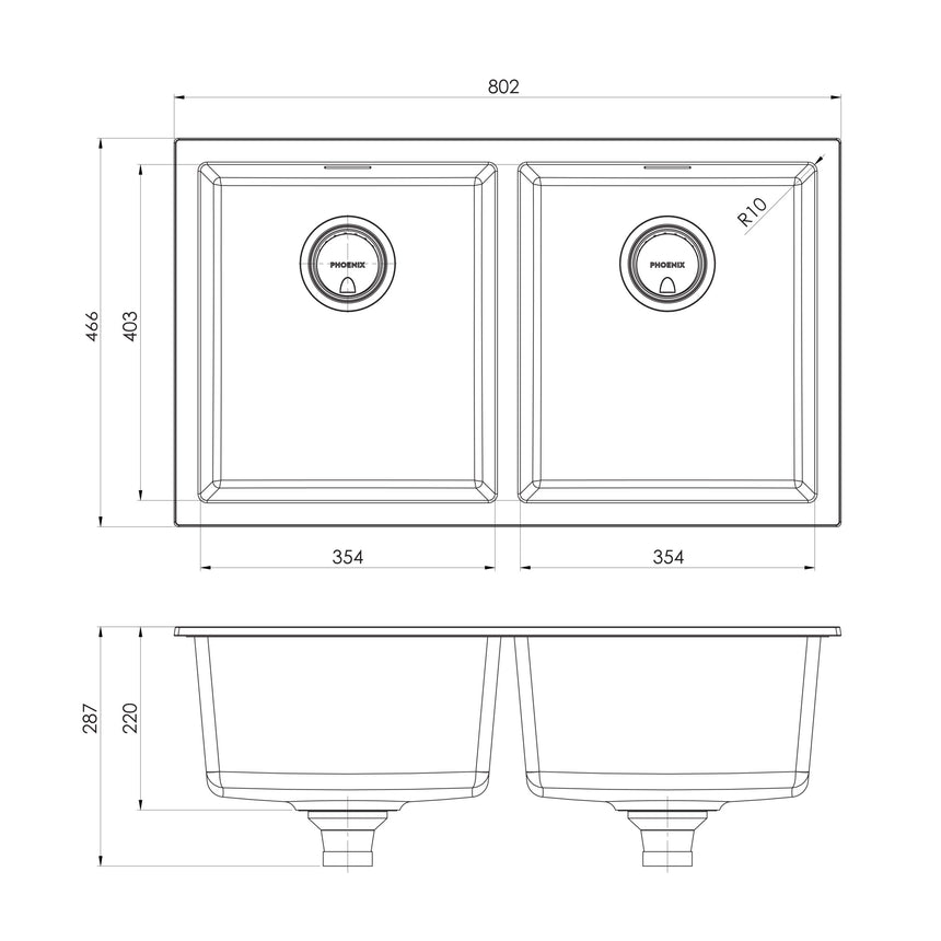 Phoenix Sink Package 2 - Matte White Sink & Brushed Gold Mixer, technical line drawing with dimensions