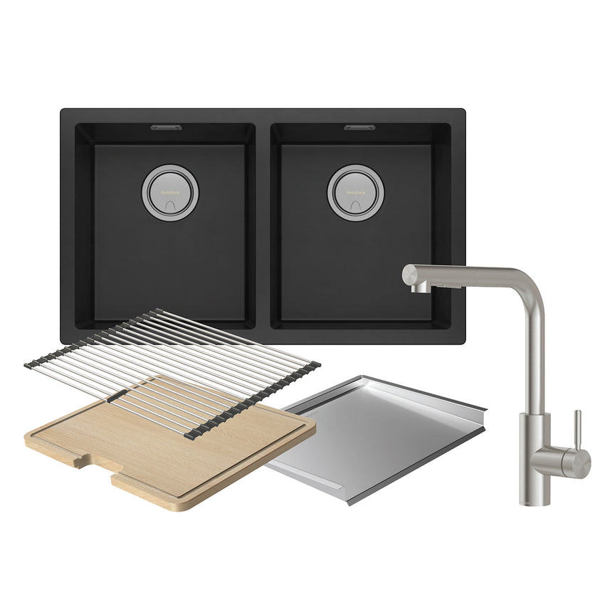 Phoenix Sink Package 1 - Matte Black Sink & Stainless Steel Mixer, product view