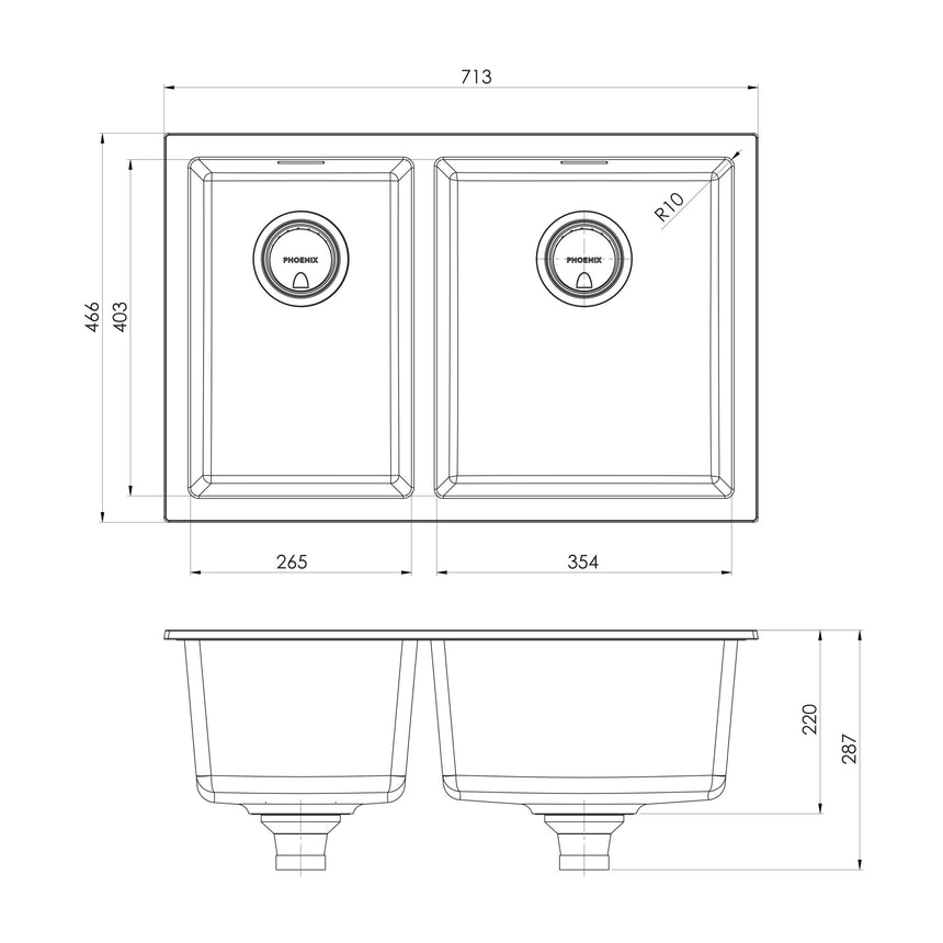 Phoenix 5000 Series 1-3/4 R/H Bowl Under / Over Sink Matte White, technical line drawing with dimensions