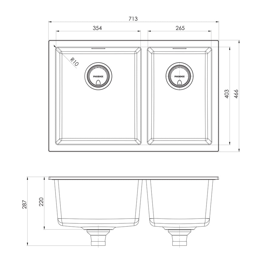 Phoenix 5000 Series 1-3/4 L/H Bowl Under / Over Sink Matte Black, technical line drawing with dimensions