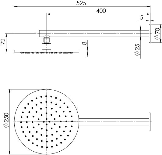 Phoenix Vivid Slimline SS 316 Shower Arm & 250mm Rose Stainless Steel, technical line drawing with dimensions