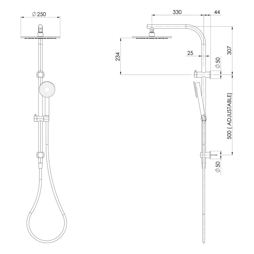 Phoenix Vivid Slimline SS 316 Twin Shower Stainless Steel, technical line drawing with dimensions