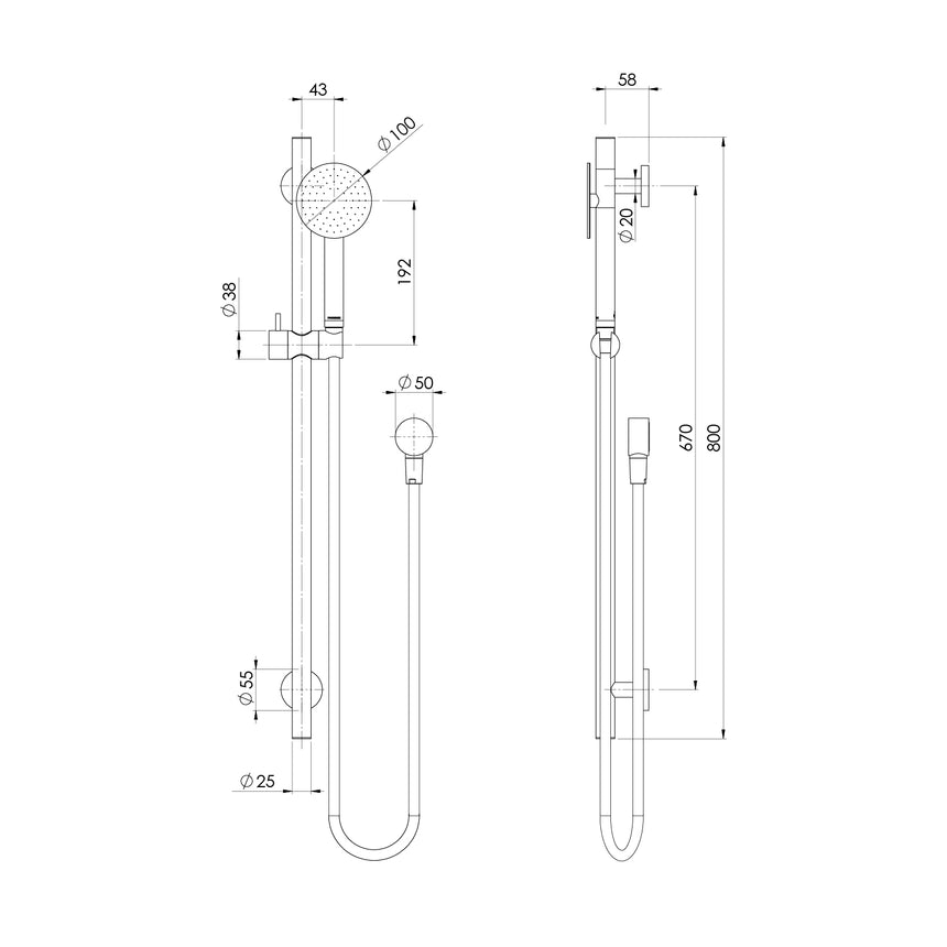 Phoenix Vivid Slimline SS 316 Rail Shower Stainless Steel, technical line drawing with dimensions