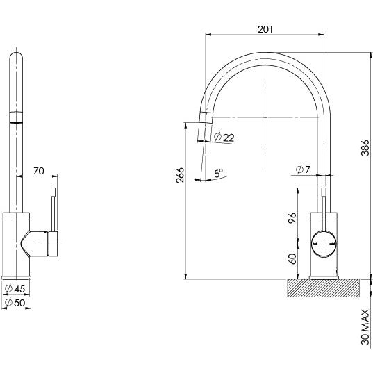 Phoenix Vivid Slimline SS 316 Sink Mixer 200mm G/Neck Stainless Steel, technical line drawing with dimensions