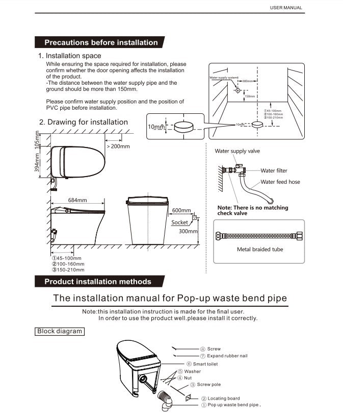 Installation manual and technical dimensions diagram for Lukka Lesbos smart toilet with pop-up waste bend pipe specifications by Tilemall