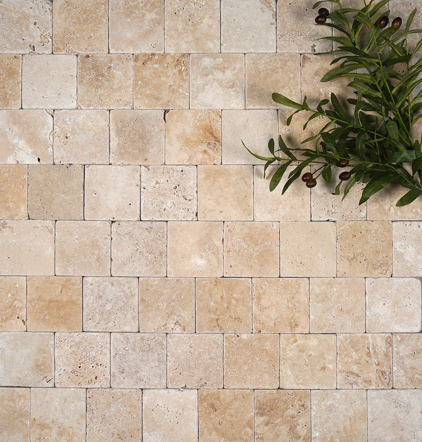 Ivory Premium Travertine natural stone surface and installation by Tilemall