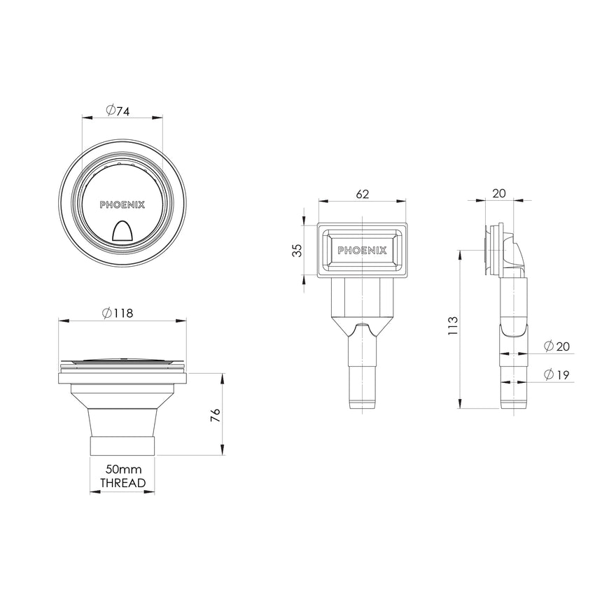 Phoenix Sink Package 2 - Matte White Sink & Brushed Gold Mixer, technical line drawing with dimensions