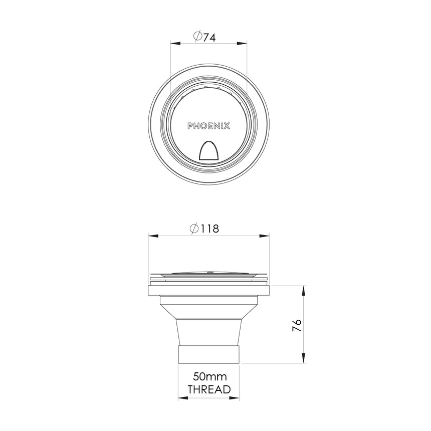 Phoenix 50mm Covered Sink Basket Waste Brushed Carbon, technical line drawing with dimensions