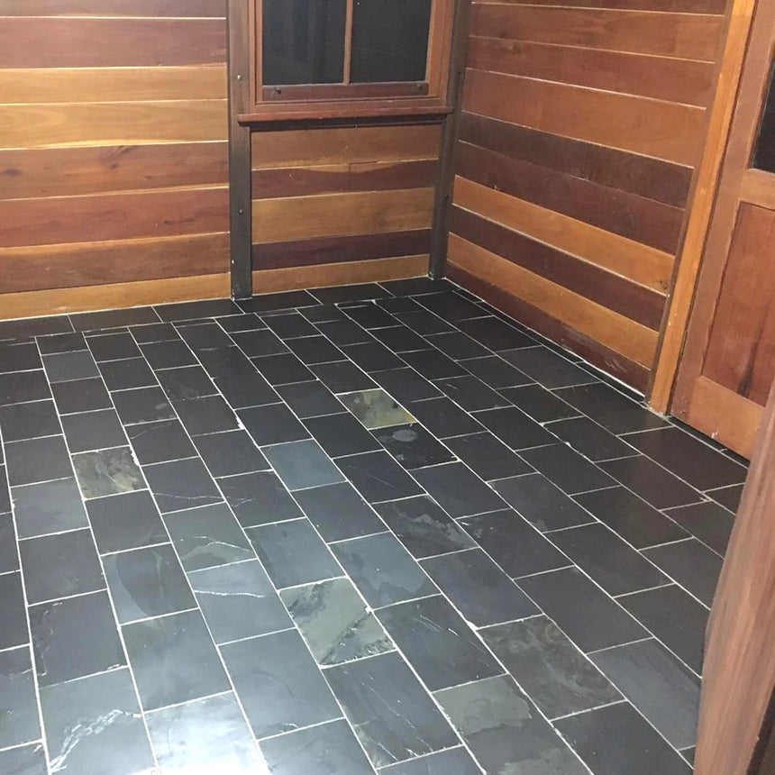 Midnight Black Slatestone natural stone surface and installation by Tilemall