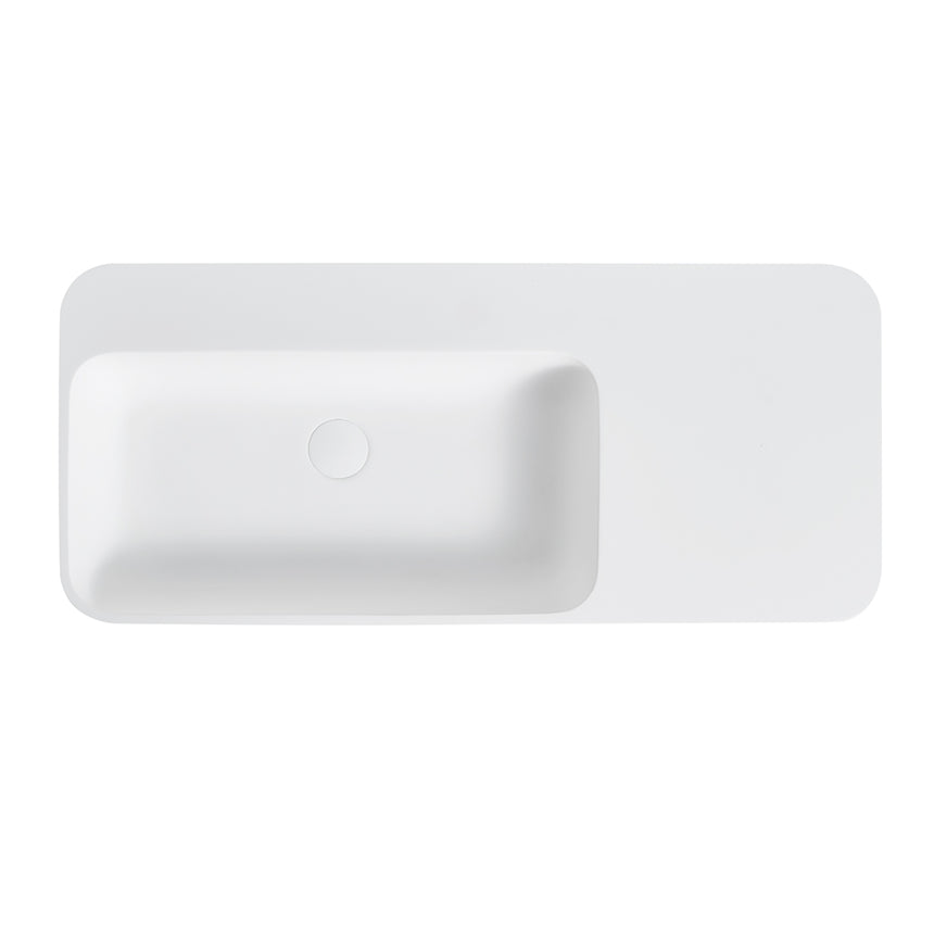Lukka Rocca matte white solid surface wall-hung basin 900x400mm, overhead view showing drain plug by Tilemall