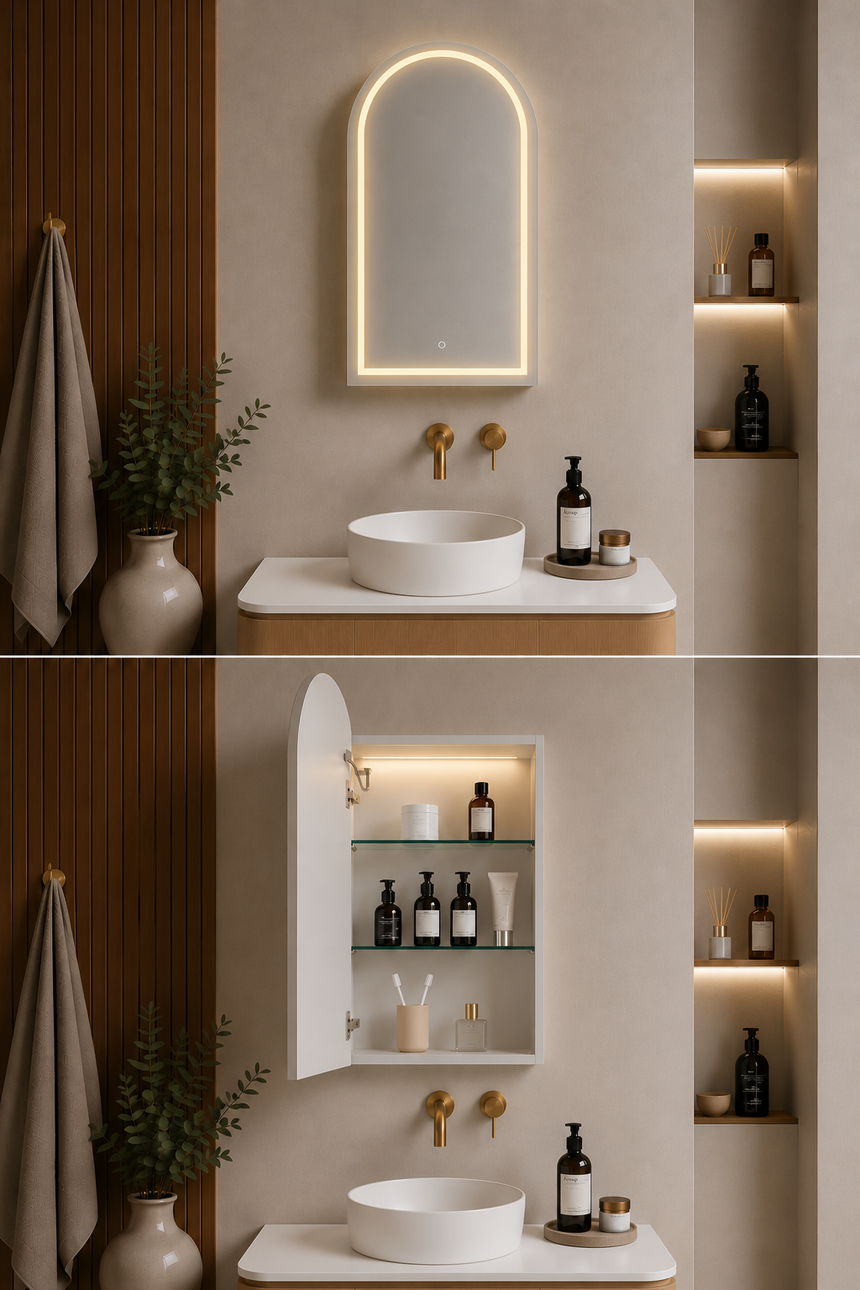 Lukka Allison Triple LED matte white shaving cabinet installed in bathroom interior with arched LED mirror and round by Tilemall