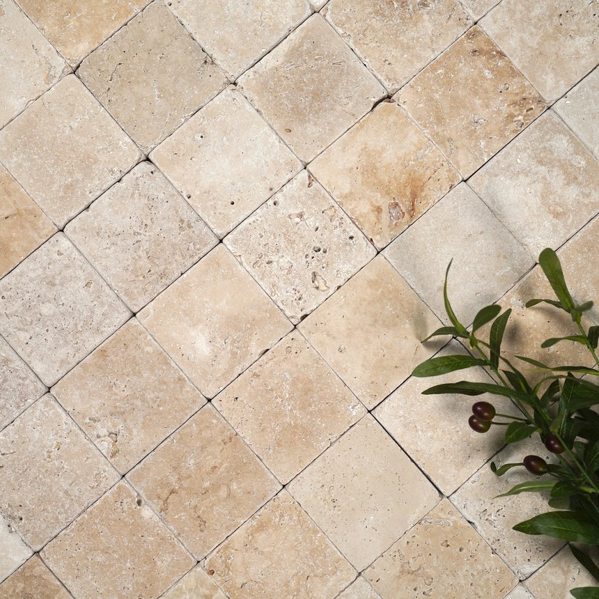 Ivory Premium Travertine natural stone surface and installation by Tilemall