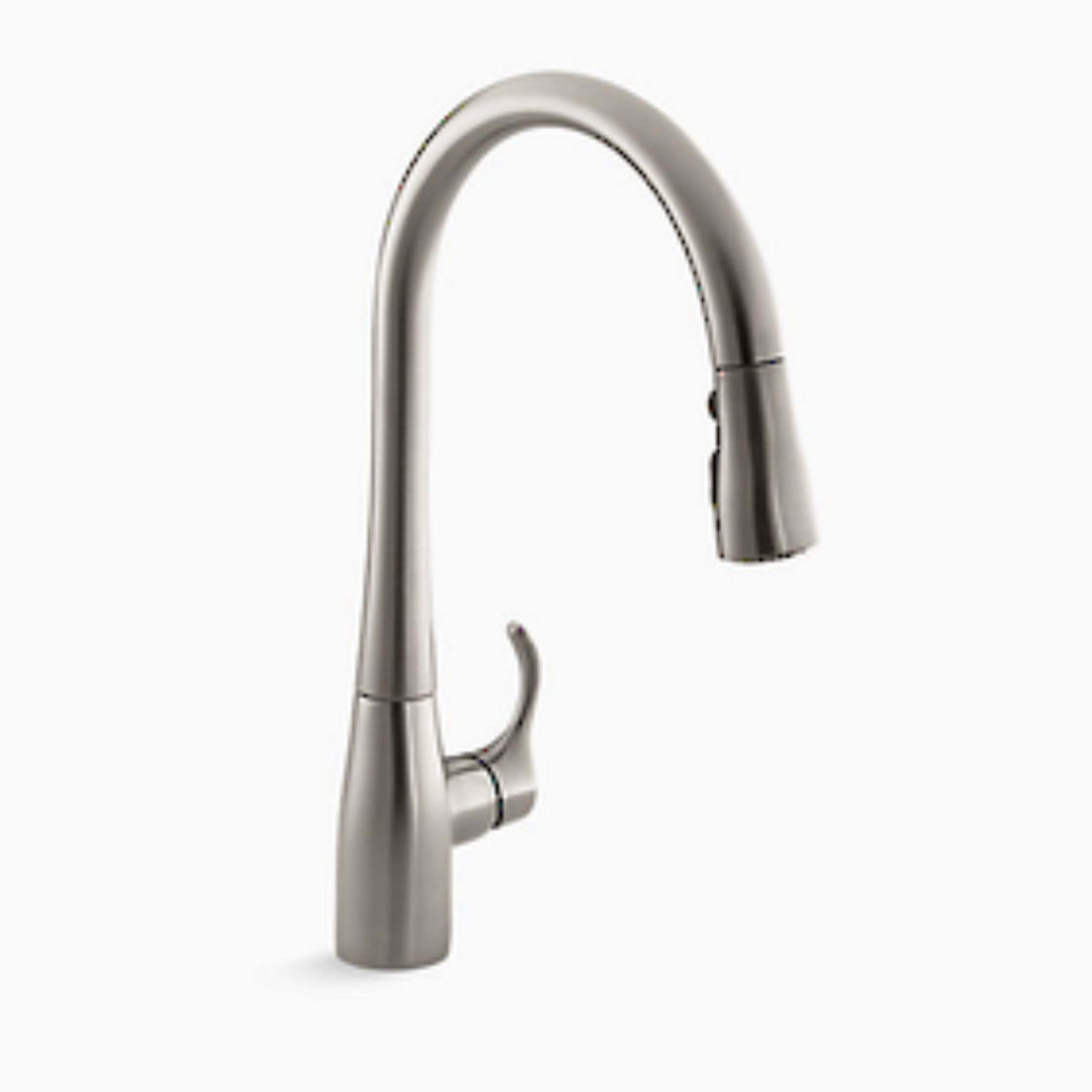Kohler Simplice brushed steel pulldown kitchen mixer by Tilemall with curved spout and single lever handle