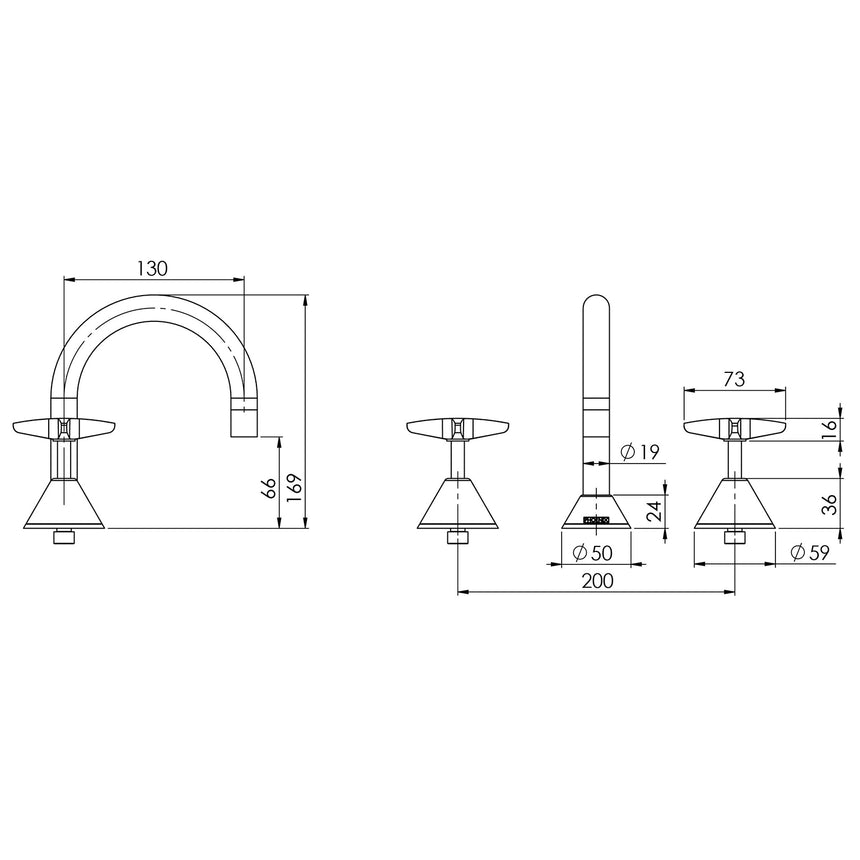 Phoenix Ivy Basin Set Chrome, technical line drawing with dimensions