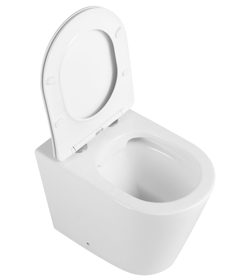 Lukka Agena floor-standing rimless toilet with soft-close seat open, gloss white porcelain by Tilemall